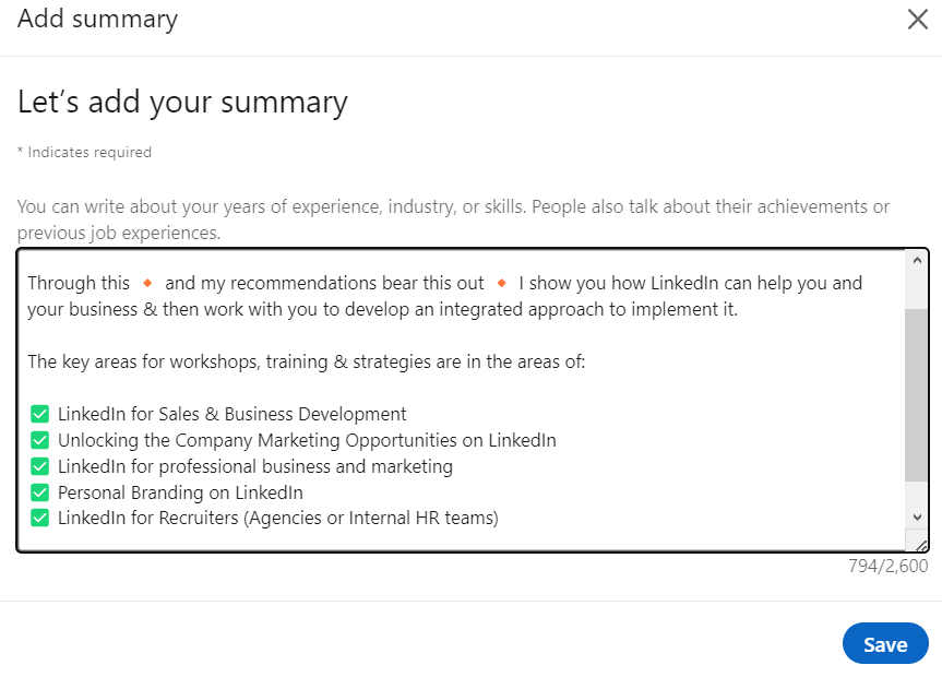 LinkedIn summary example
