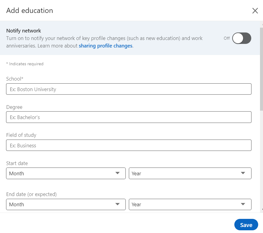 LinkedIn Education field